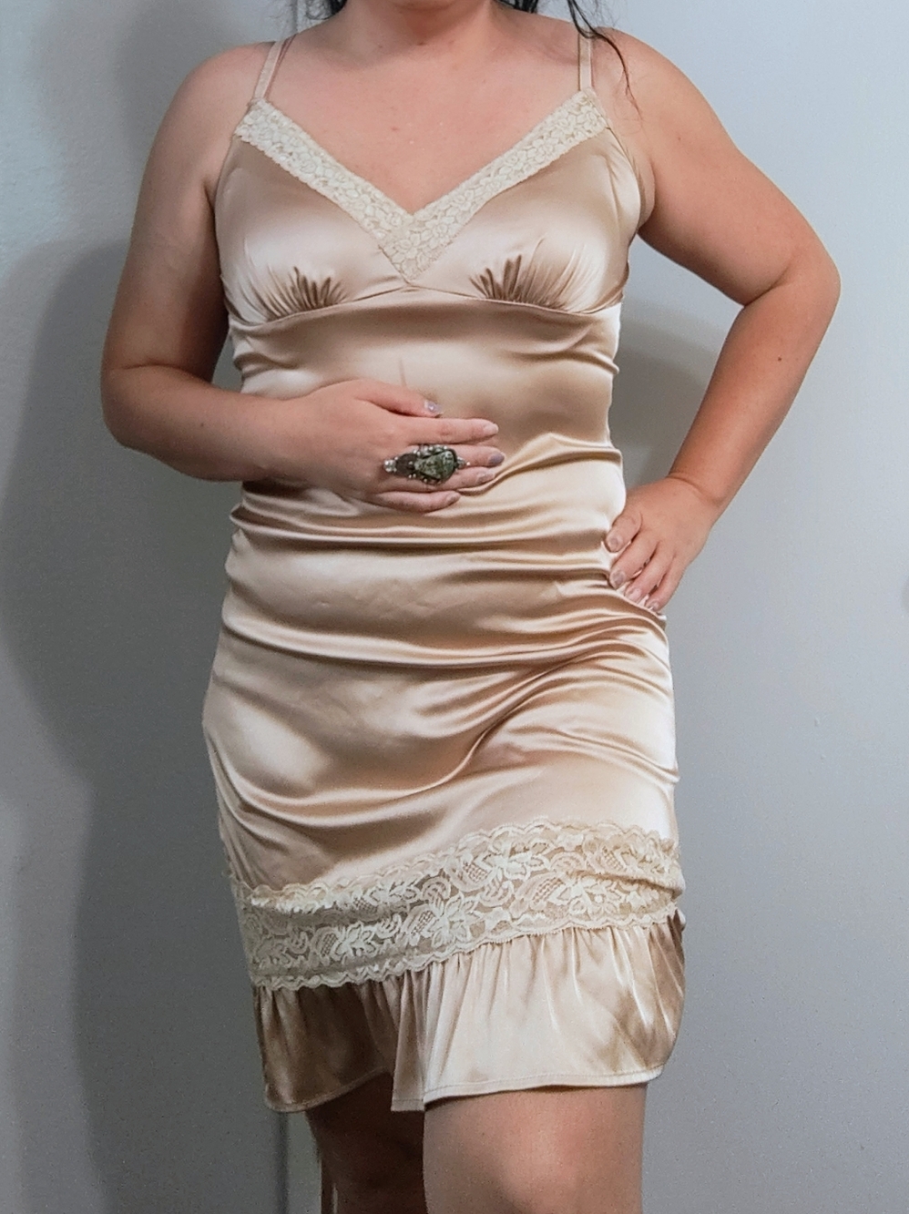 Silky Lace-Trim Slip Dress in Beige